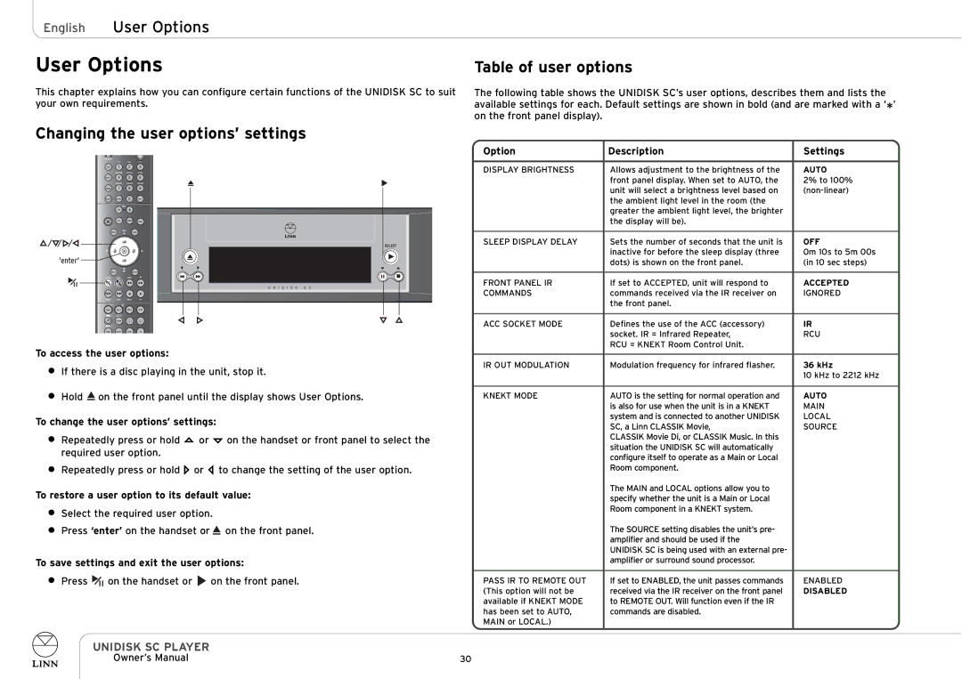 Linn UNIDISK SC PLAYER owner manual English User Options, Changing the user options’ settings, Table of user options 