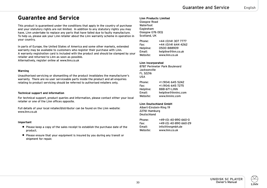 Linn UNIDISK SC PLAYER Guarantee and Service, Technical support and information, Linn Products Limited, Linn Incorporated 