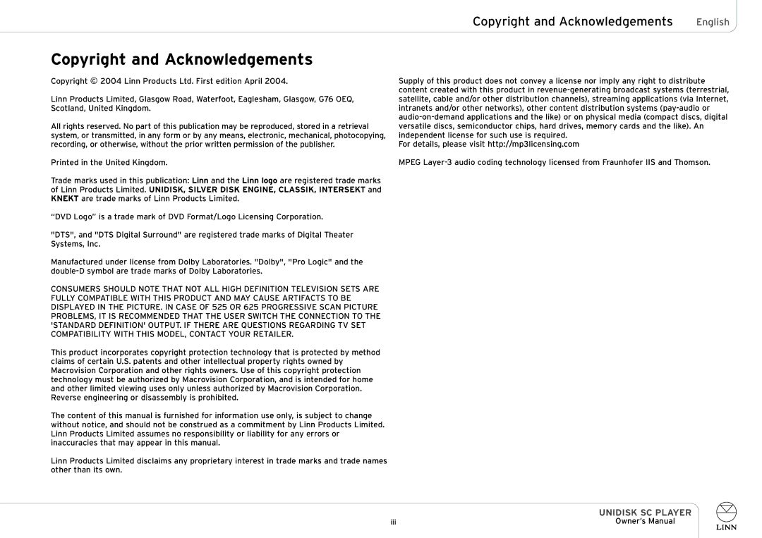 Linn UNIDISK SC PLAYER owner manual Copyright and Acknowledgements 