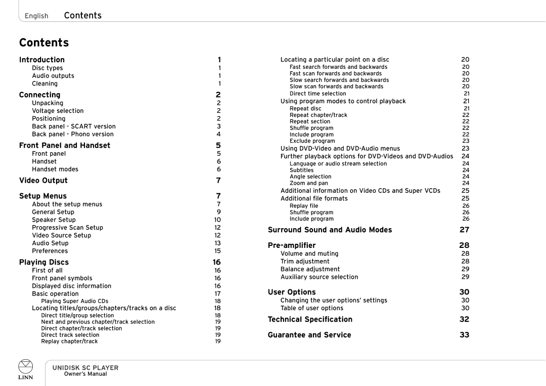 Linn UNIDISK SC PLAYER owner manual Contents 