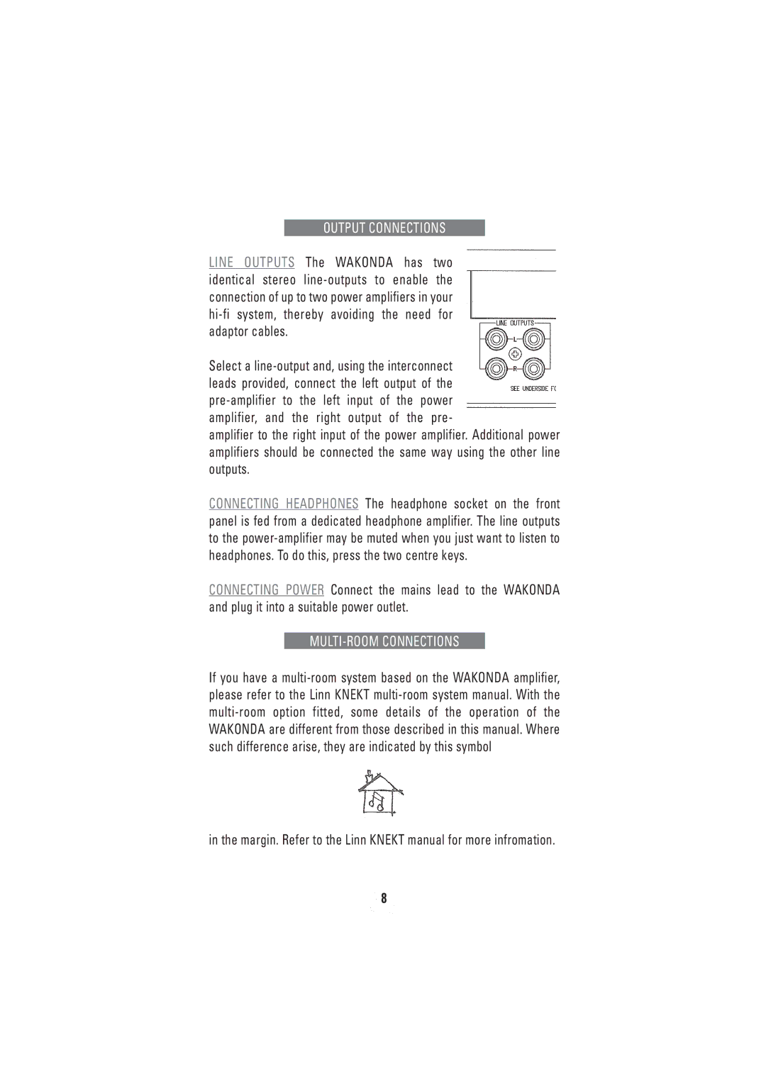 Linn WAKONDA Output Connections, MULTI-ROOM Connections, Margin. Refer to the Linn Knekt manual for more infromation 