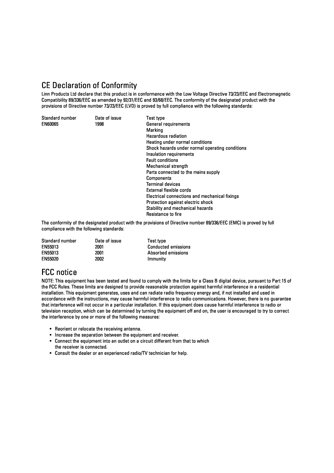 Linn WAKONDA owner manual CE Declaration of Conformity, FCC notice 