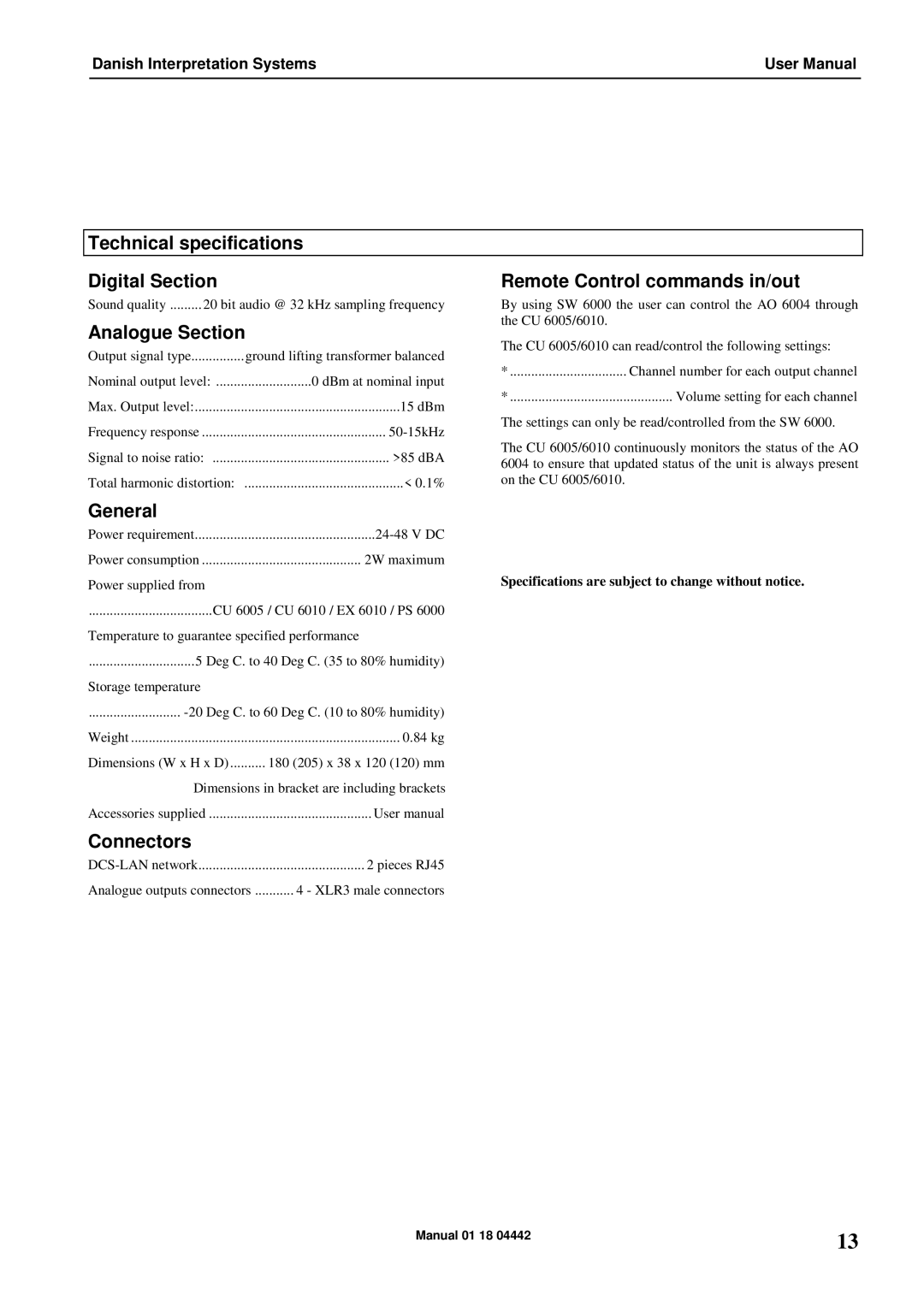 Listen Technologies AO 6004 user manual Analogue Section, General, Connectors 