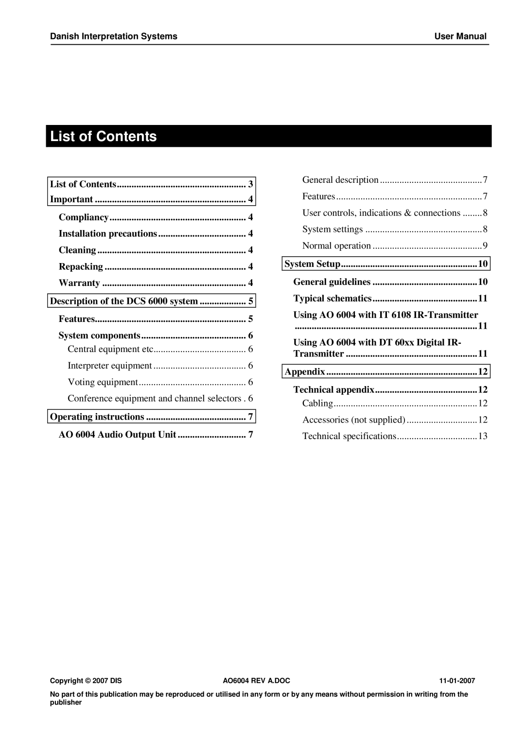 Listen Technologies AO 6004 user manual List of Contents 