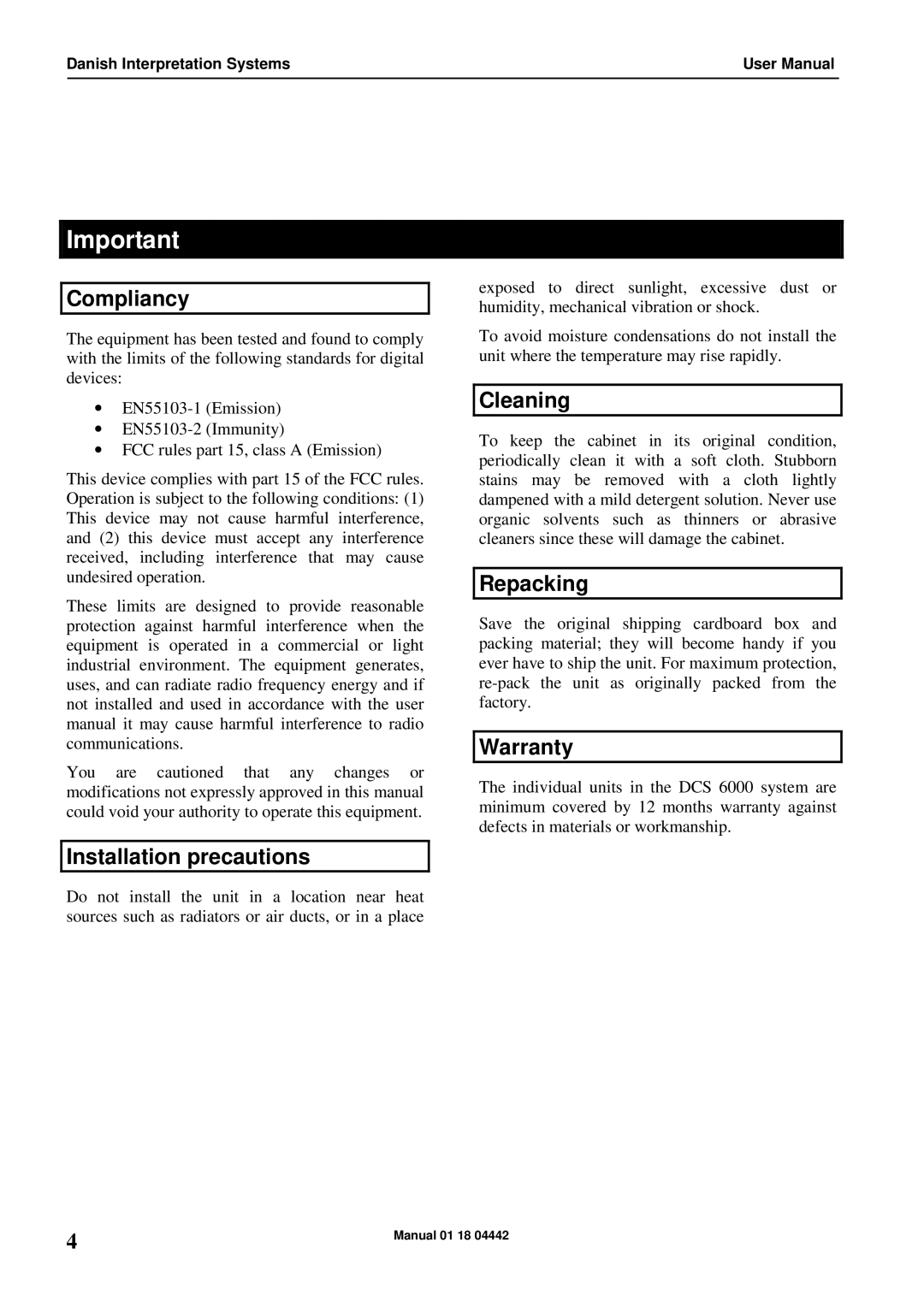 Listen Technologies AO 6004 user manual Compliancy, Installation precautions, Cleaning, Repacking, Warranty 