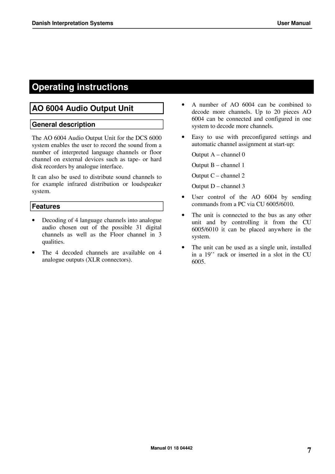 Listen Technologies user manual Operating instructions, AO 6004 Audio Output Unit, General description, Features 