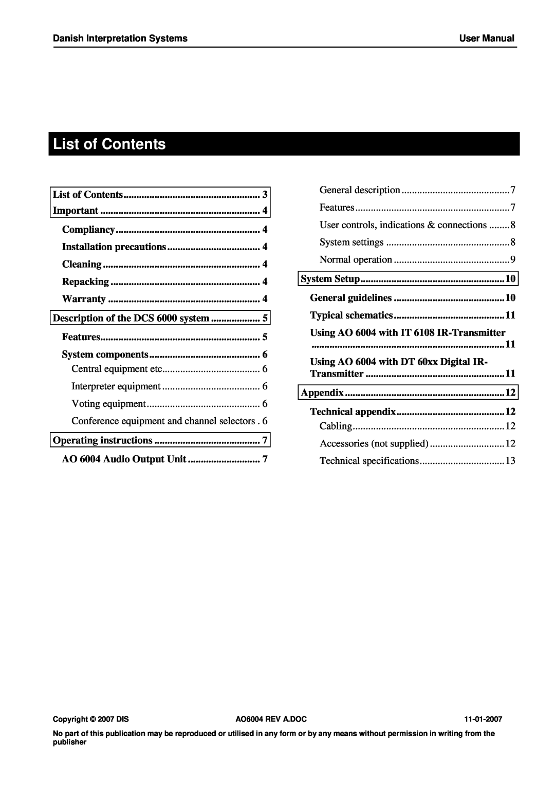 Listen Technologies AO 6004 user manual List of Contents 