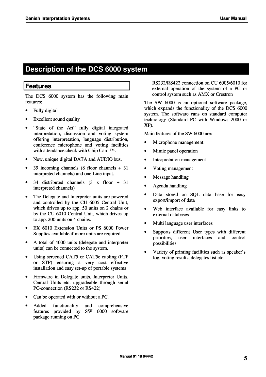 Listen Technologies AO 6004 user manual Description of the DCS 6000 system, Features 