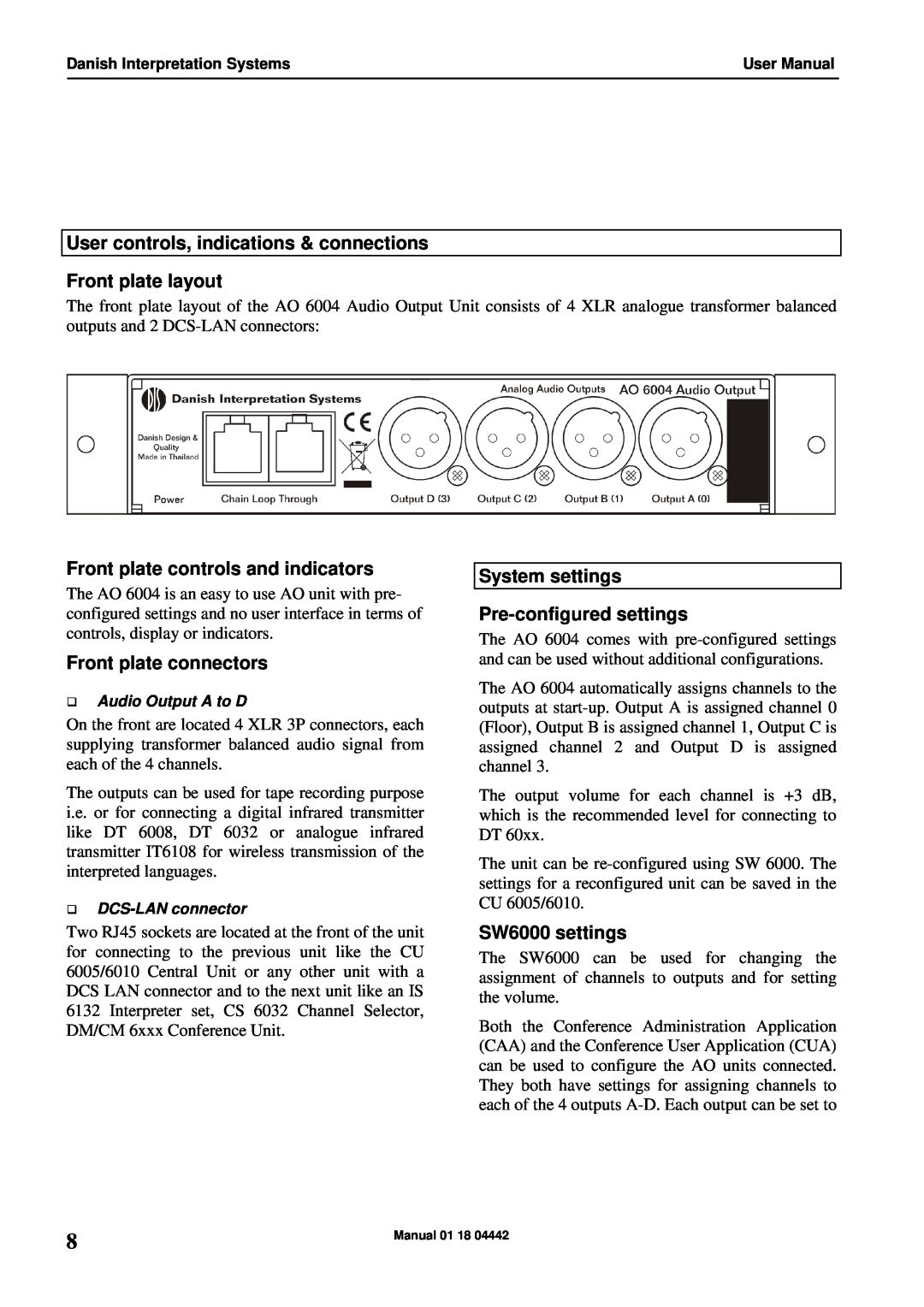 Listen Technologies AO 6004 User controls, indications & connections, Front plate layout, Front plate connectors 