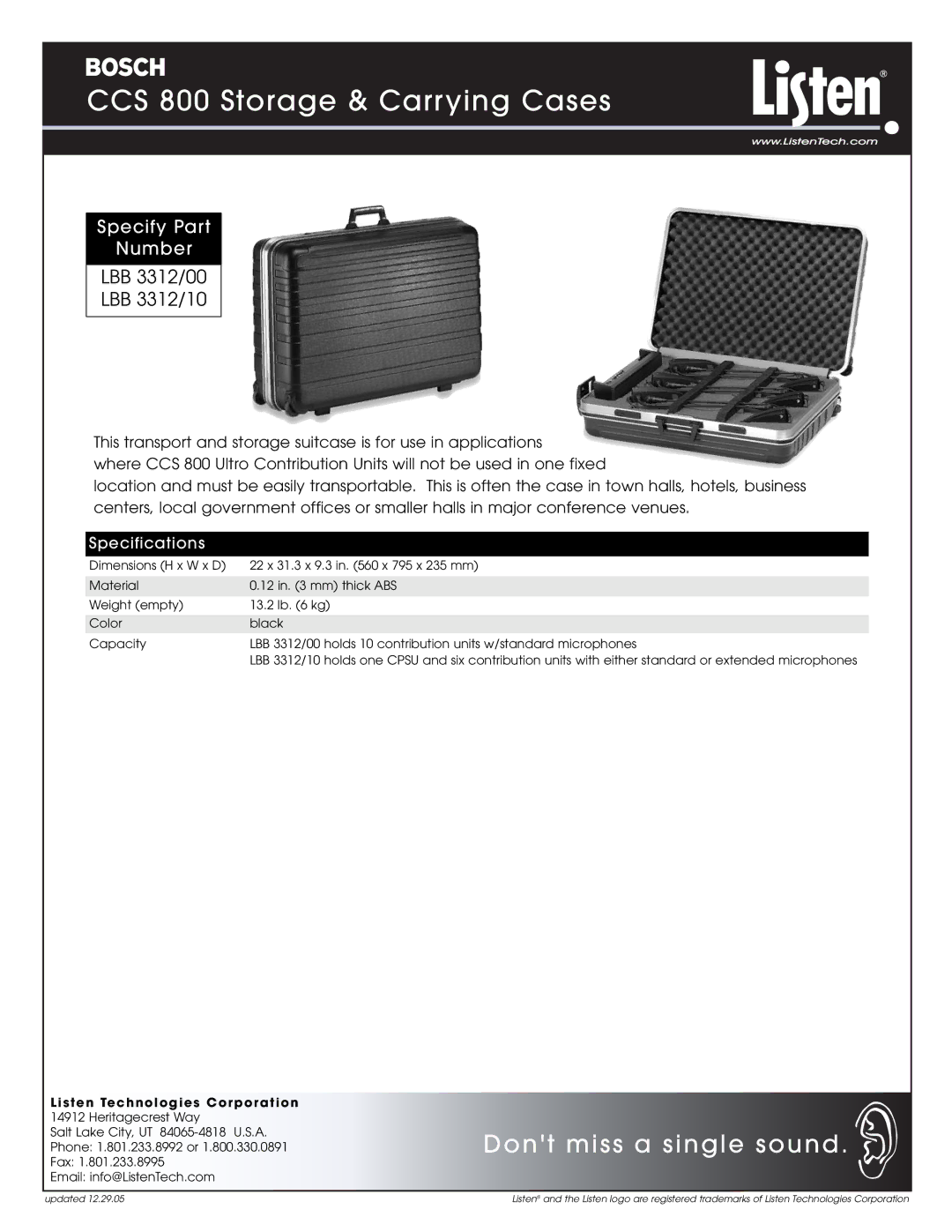 Listen Technologies specifications CCS 800 Storage & Carrying Cases, Dont miss a single sound, LBB 3312/00 LBB 3312/10 