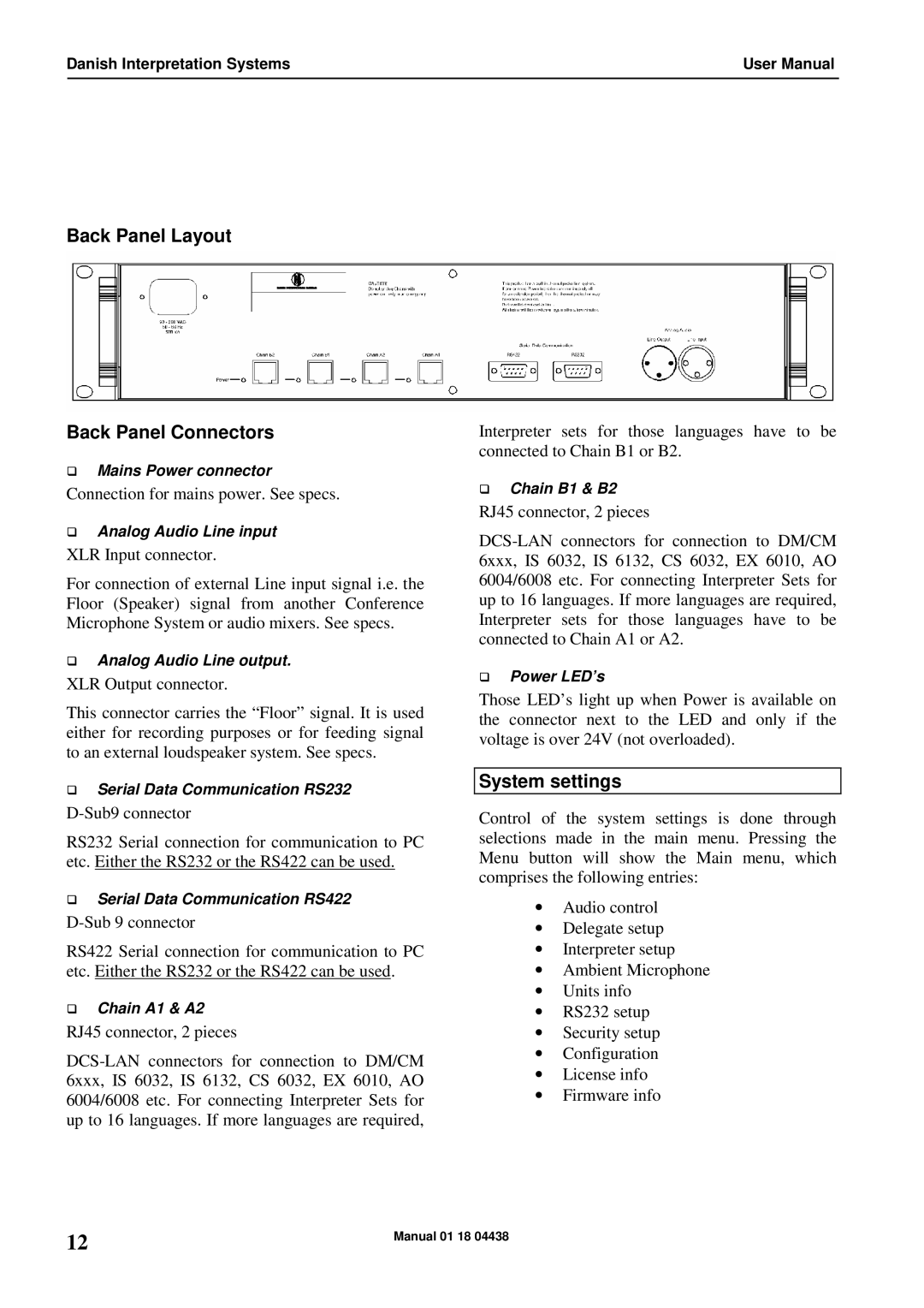 Listen Technologies CU 6011, CU 6005, CU 6010 user manual Back Panel Layout Back Panel Connectors, System settings 