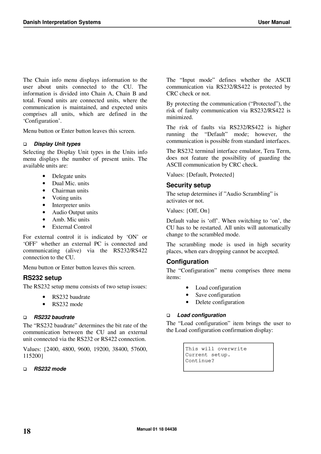 Listen Technologies CU 6011, CU 6005, CU 6010 user manual RS232 setup, Security setup, Configuration 