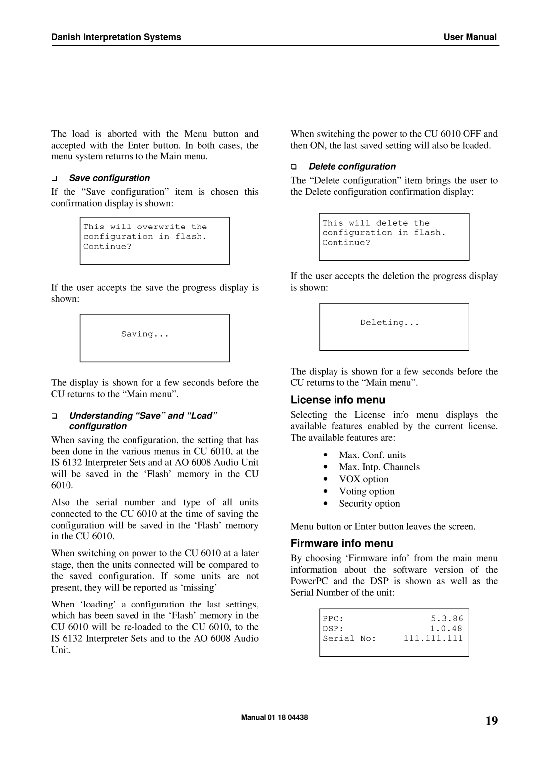 Listen Technologies CU 6005, CU 6011, CU 6010 user manual License info menu, Firmware info menu 