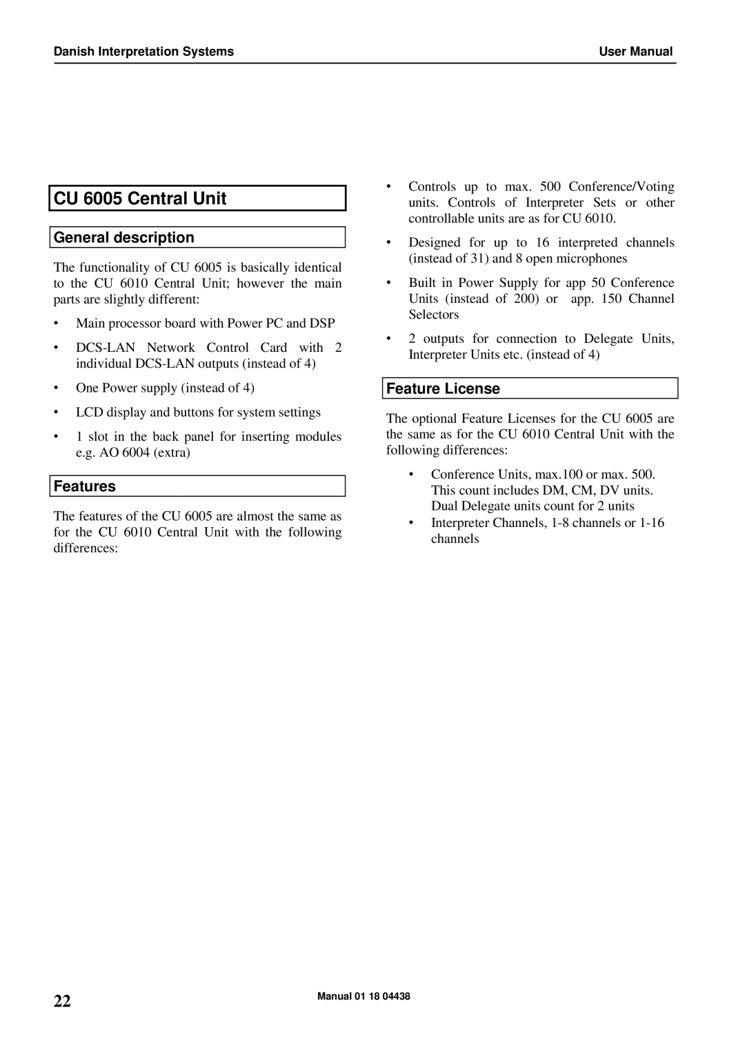 Listen Technologies CU 6011, CU 6010 user manual CU 6005 Central Unit, Features 