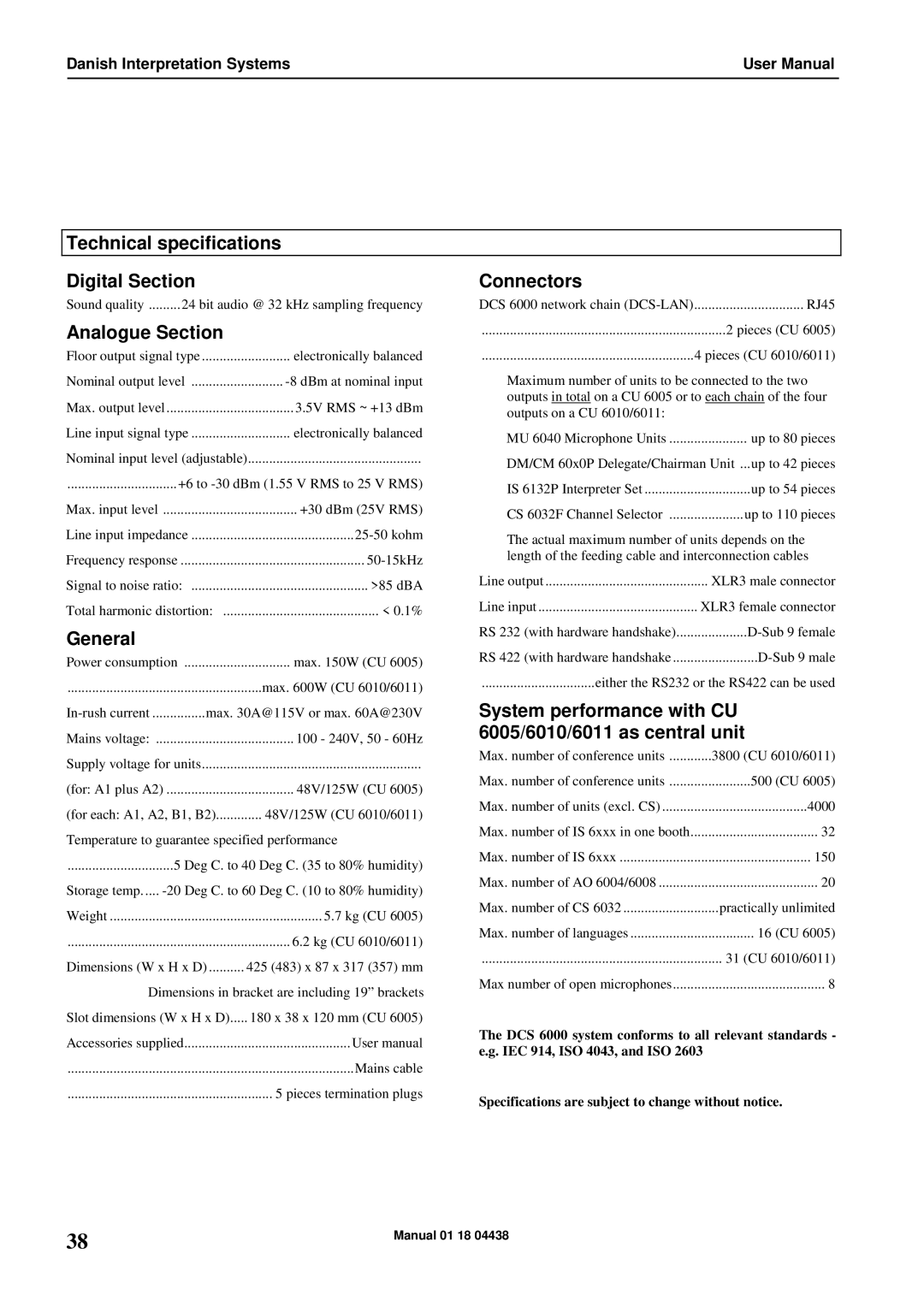 Listen Technologies CU 6010, CU 6011, CU 6005 user manual Technical specifications Digital Section, Analogue Section, General 