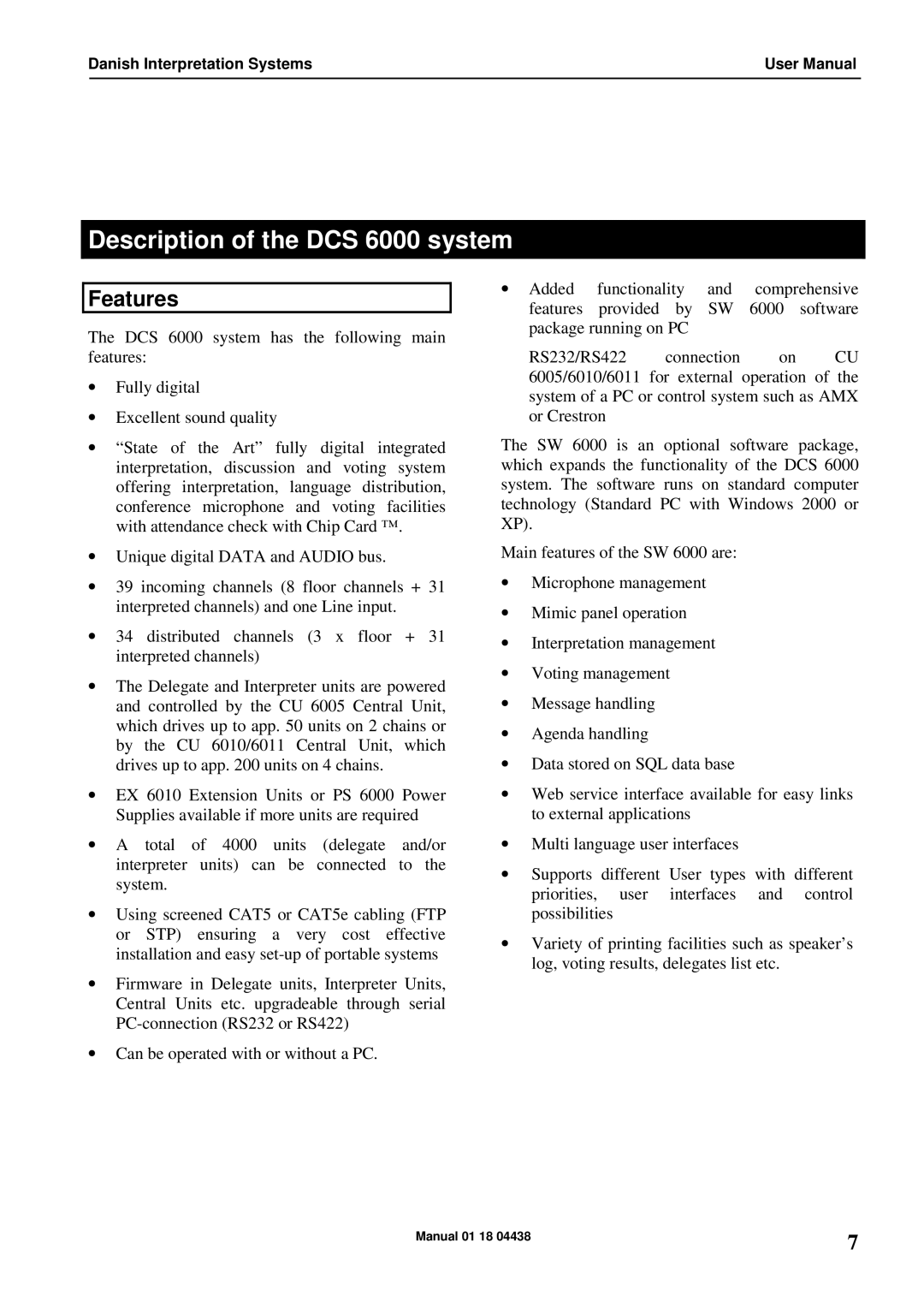 Listen Technologies CU 6005, CU 6011, CU 6010 user manual Description of the DCS 6000 system, Features 