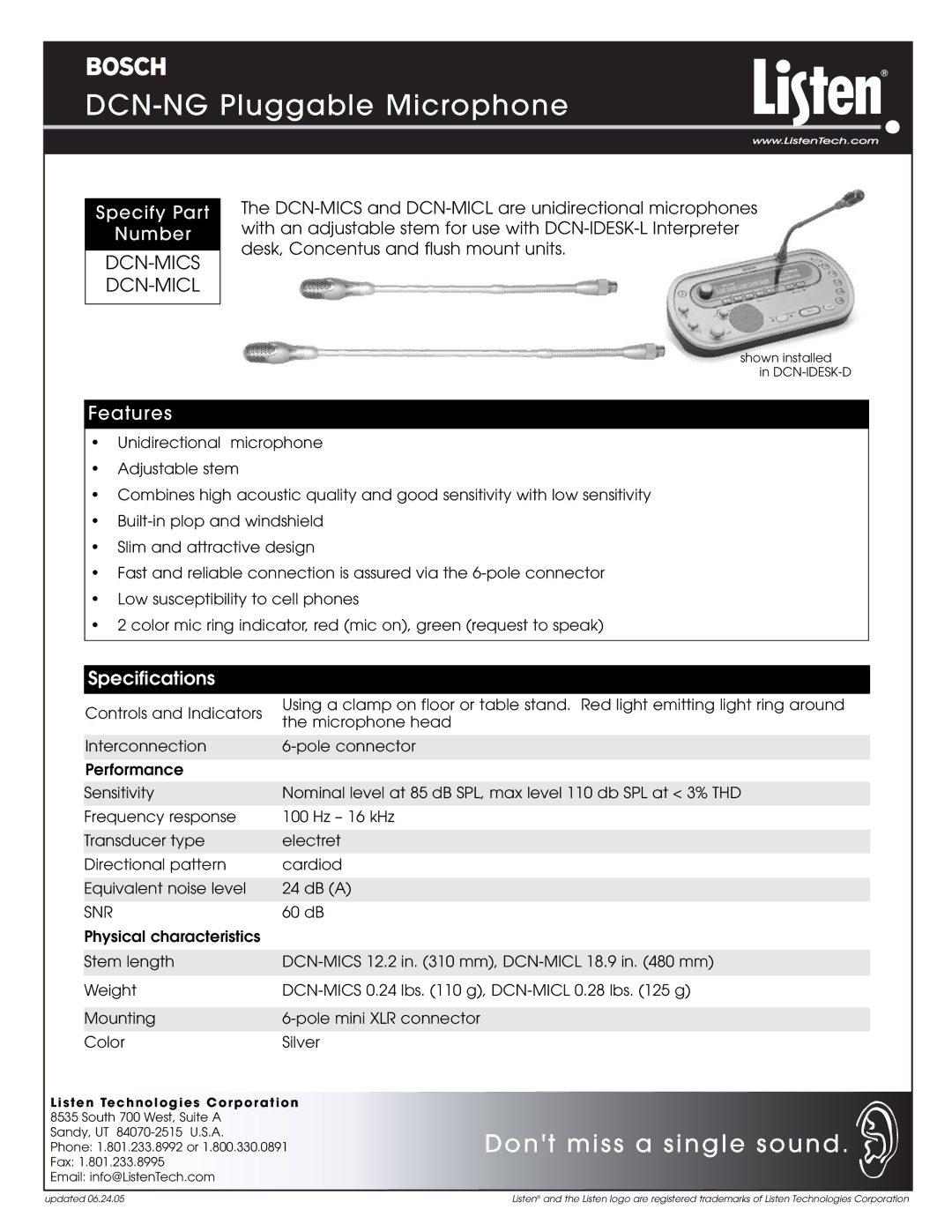 Listen Technologies DCN-MICS specifications DCN-NG Pluggable Microphone, Dont miss a single sound, Dcn-Mics Dcn-Micl 