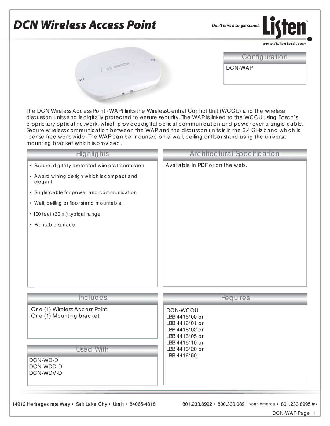 Listen Technologies DCN-WAP manual Conﬁguration, Highlights, Architectural Speciﬁcation Includes, Used With, Requires 