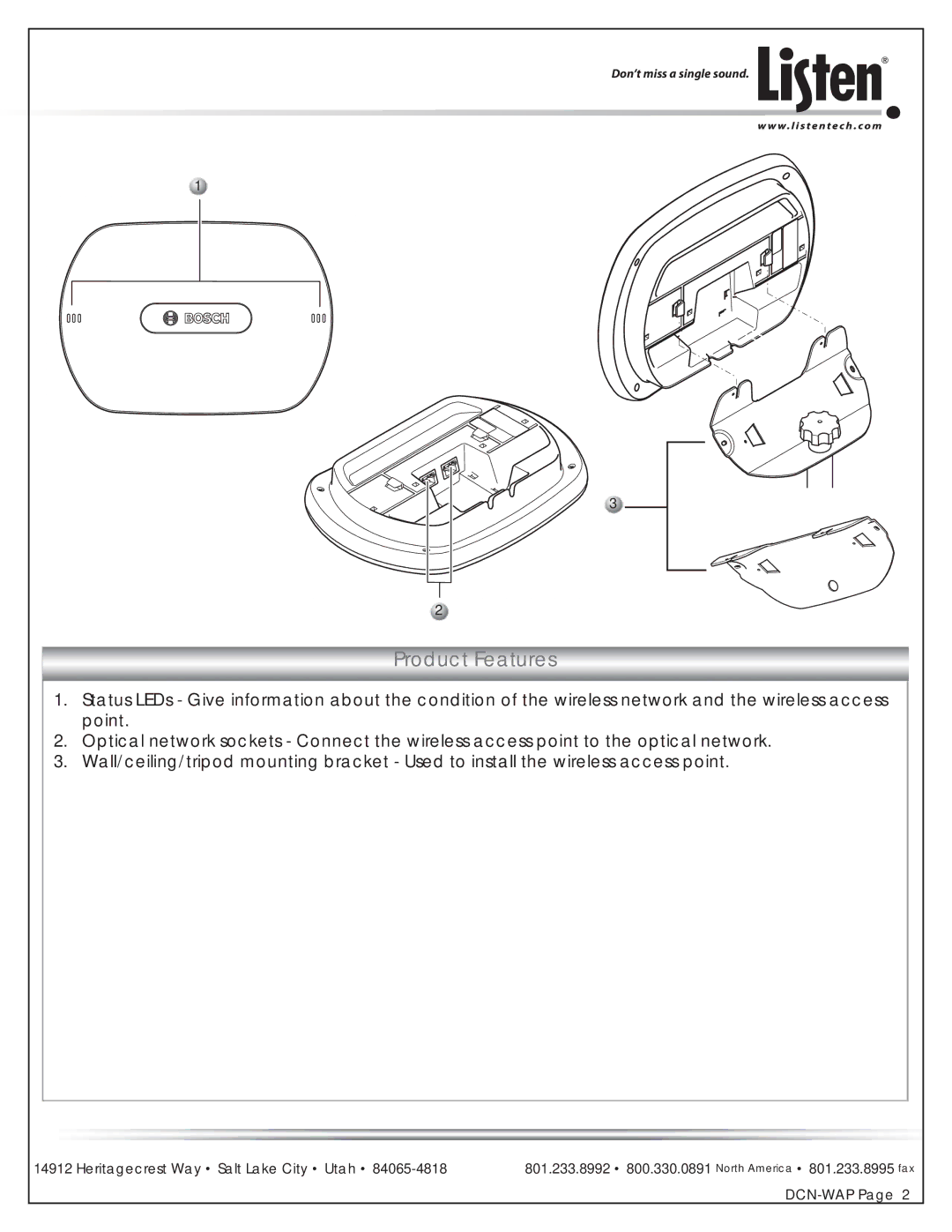 Listen Technologies DCN-WAP manual Product Features 