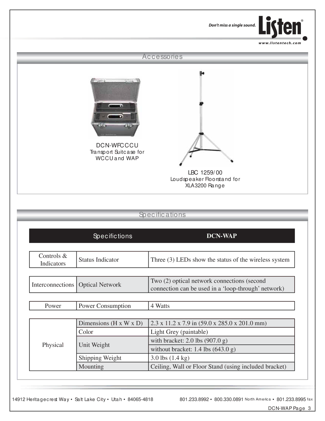 Listen Technologies DCN-WAP manual Accessories, Speciﬁcations 