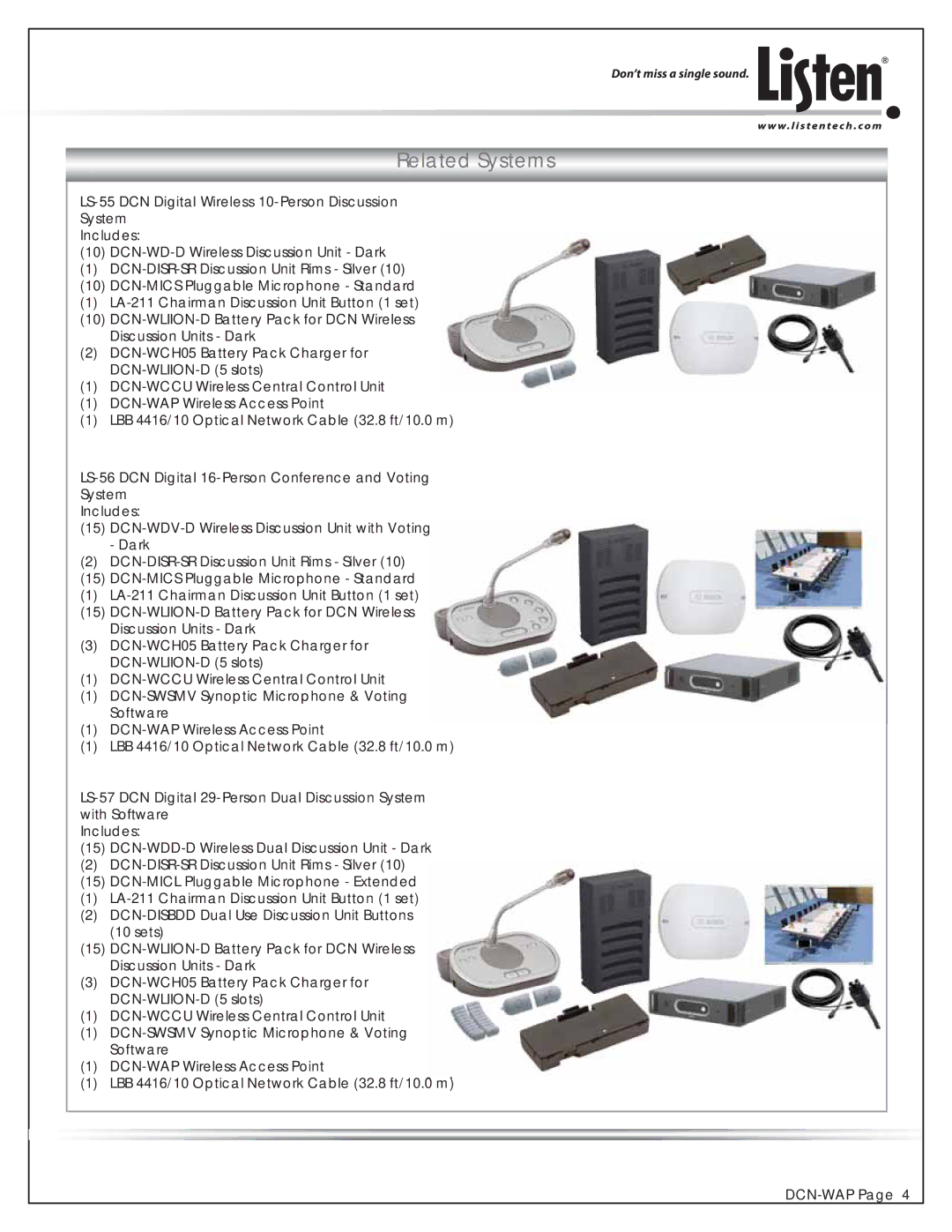 Listen Technologies DCN-WAP manual Related Systems, LS-55 DCN Digital Wireless 10-Person Discussion System 