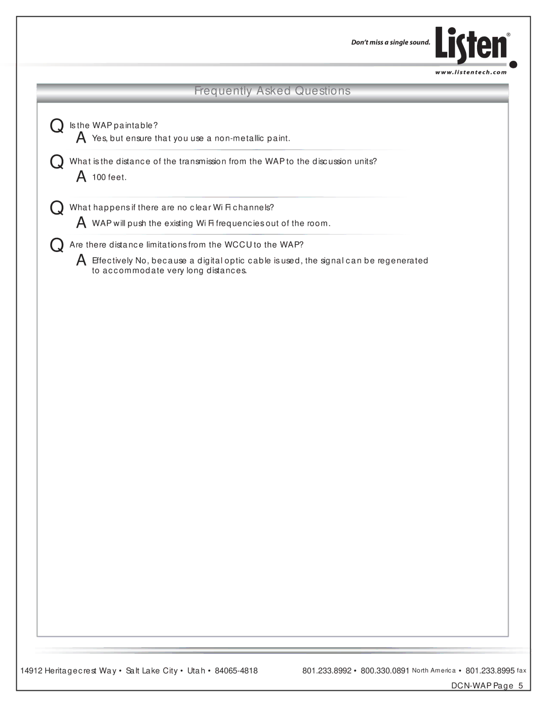 Listen Technologies DCN-WAP manual Frequently Asked Questions 