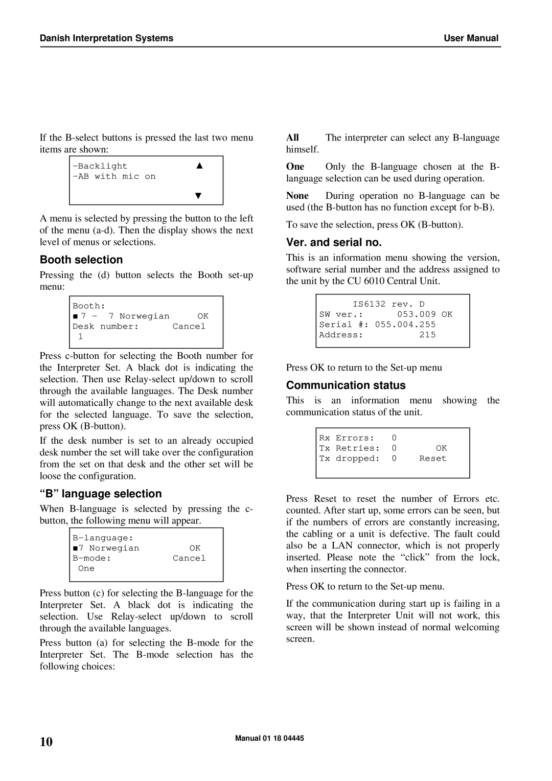 Listen Technologies IS 6132P user manual Booth selection, Language selection, Ver. and serial no, Communication status 