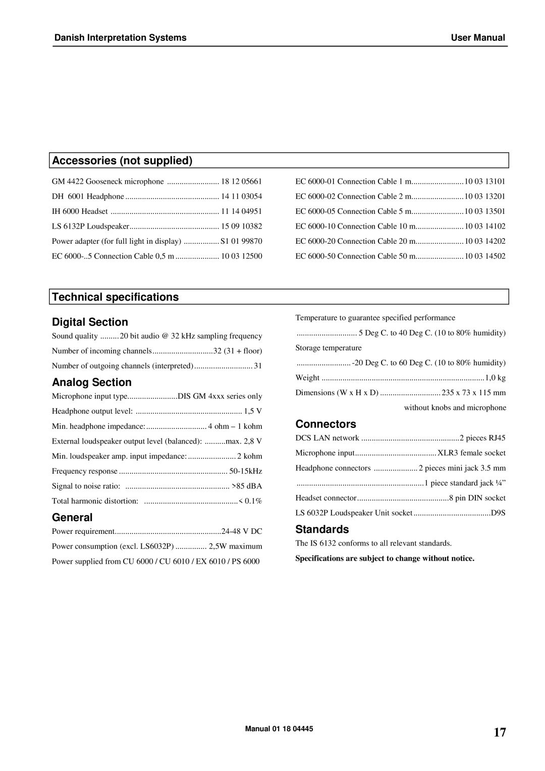 Listen Technologies IS 6132P Accessories not supplied, Technical specifications Digital Section, Analog Section, General 