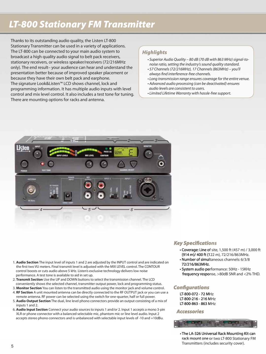 Listen Technologies LA-101 LT-800Stationary FM Transmitter, Highlights, Key Specifications, Configurations, Accessories 