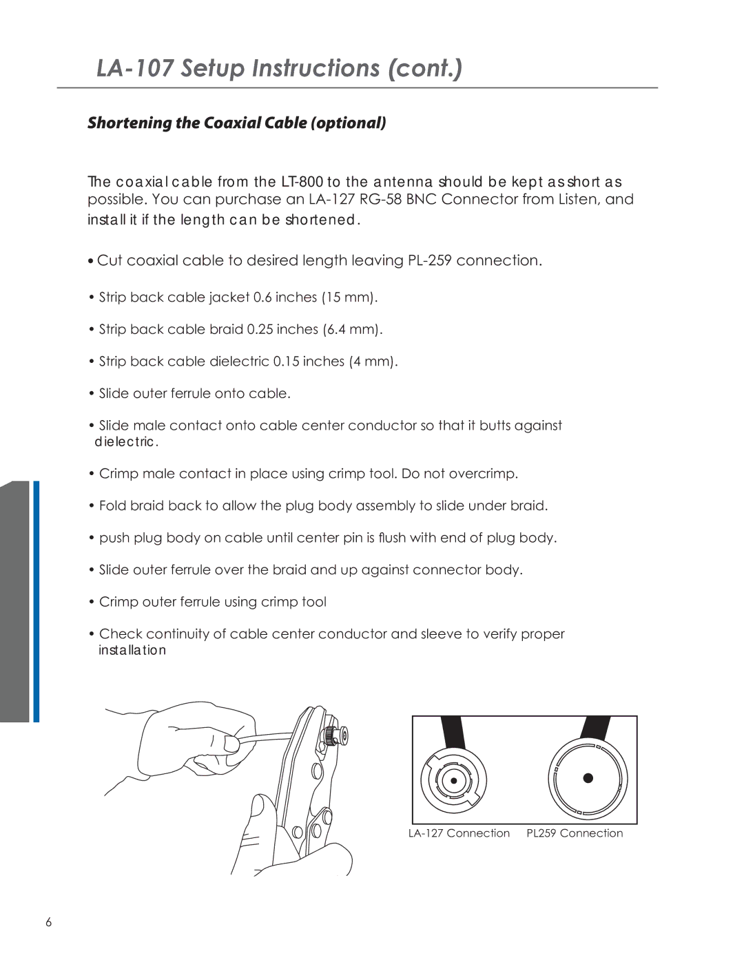 Listen Technologies LA-107 manual Shortening the Coaxial Cable optional 