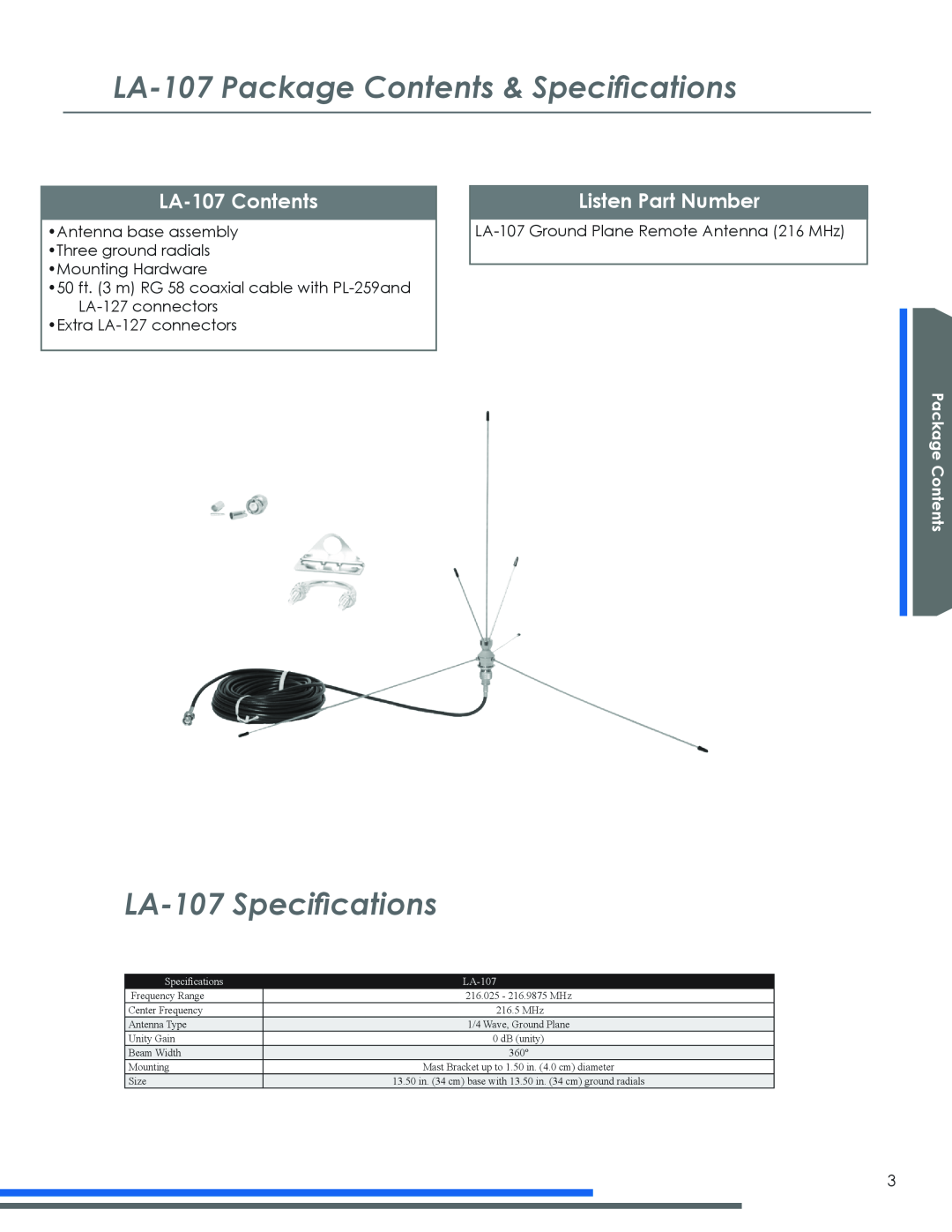 Listen Technologies LA-107Package Contents & Specifications, LA-107Specifications, LA-107Contents, Listen Part Number 