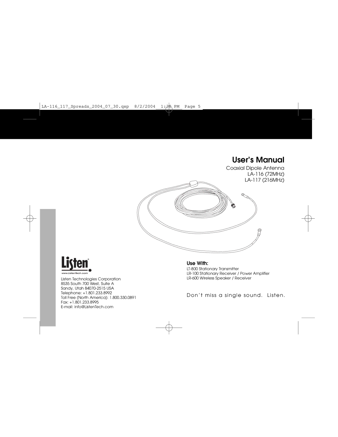 Listen Technologies user manual Coaxial Dipole Antenna LA-116 72MHz LA-117 216MHz Use With 