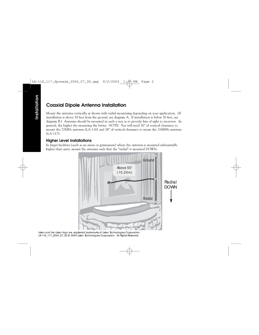 Listen Technologies LA-116, LA-117 user manual Coaxial Dipole Antenna Installation, Higher Level Installations 