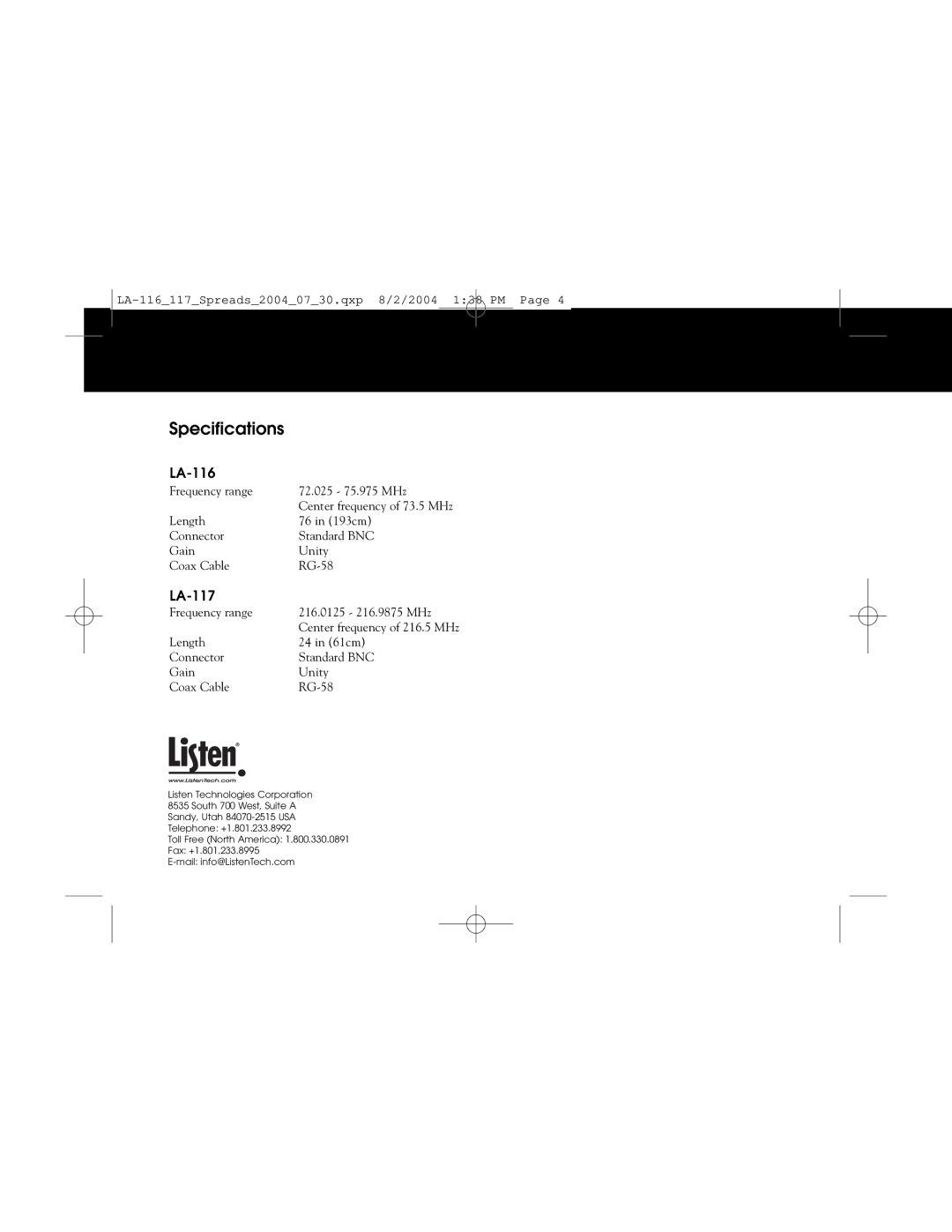 Listen Technologies LA-116 user manual Specifications, LA-117 