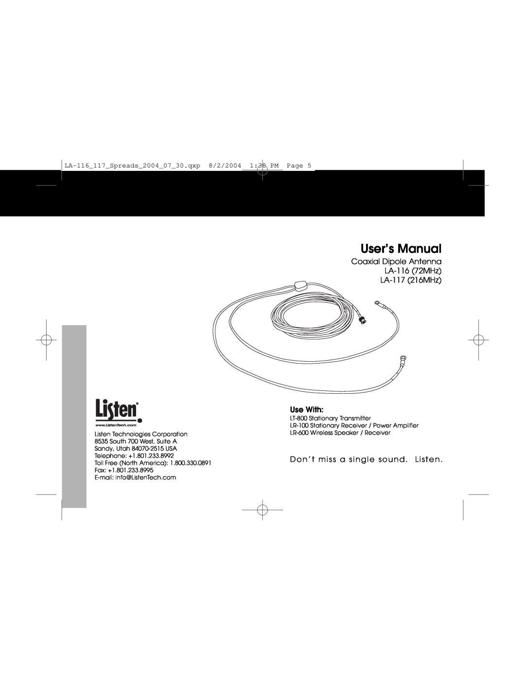 Listen Technologies user manual Coaxial Dipole Antenna LA-11672MHz LA-117216MHz, Use With 