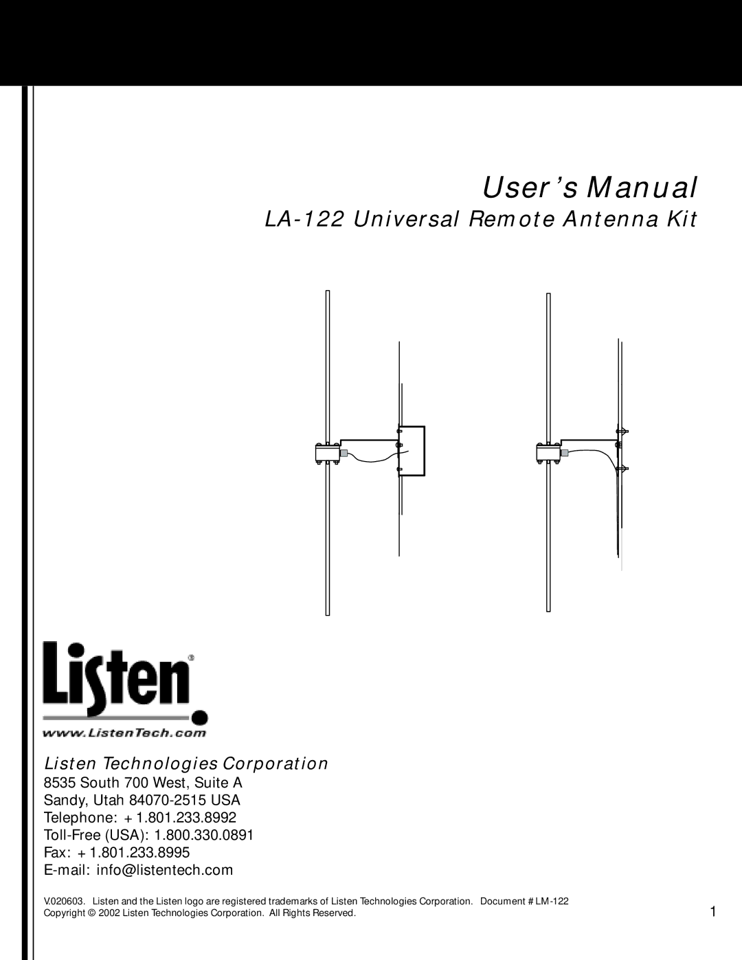 Listen Technologies LA-122 user manual User’s Manual 