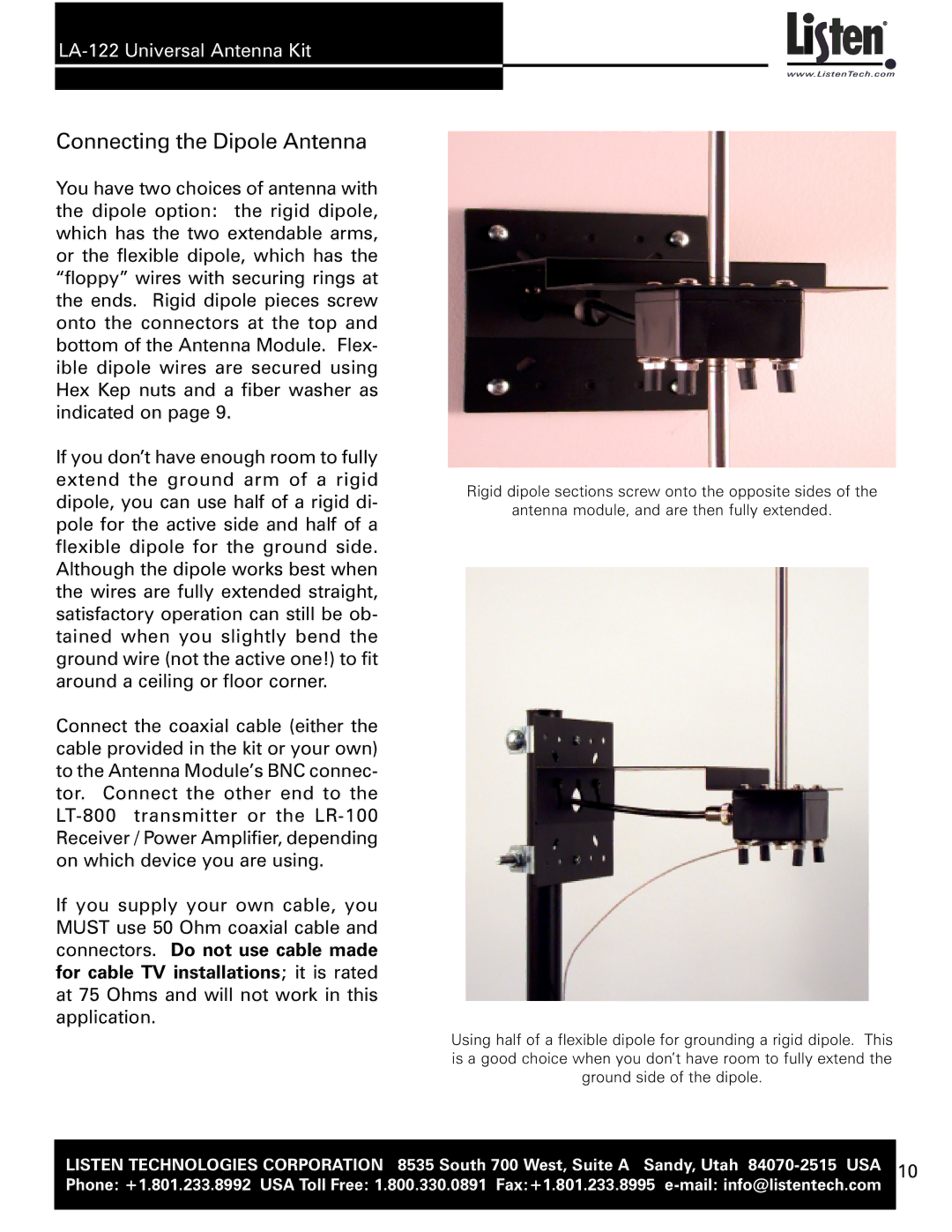 Listen Technologies LA-122 user manual Connecting the Dipole Antenna 