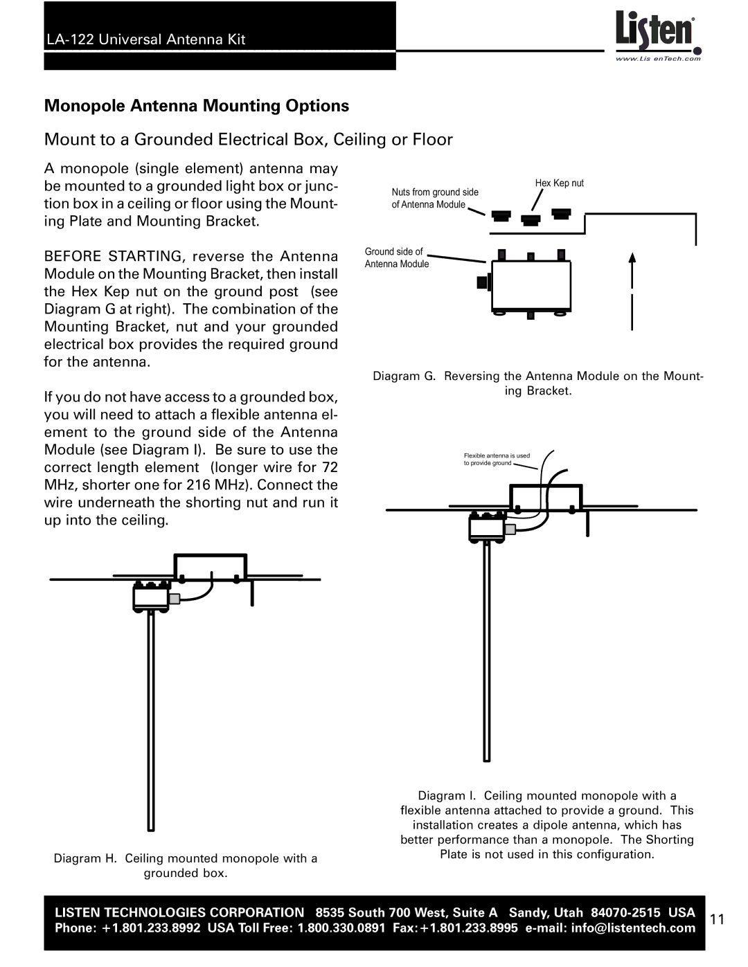 Listen Technologies LA-122 user manual Hex Kep nut 