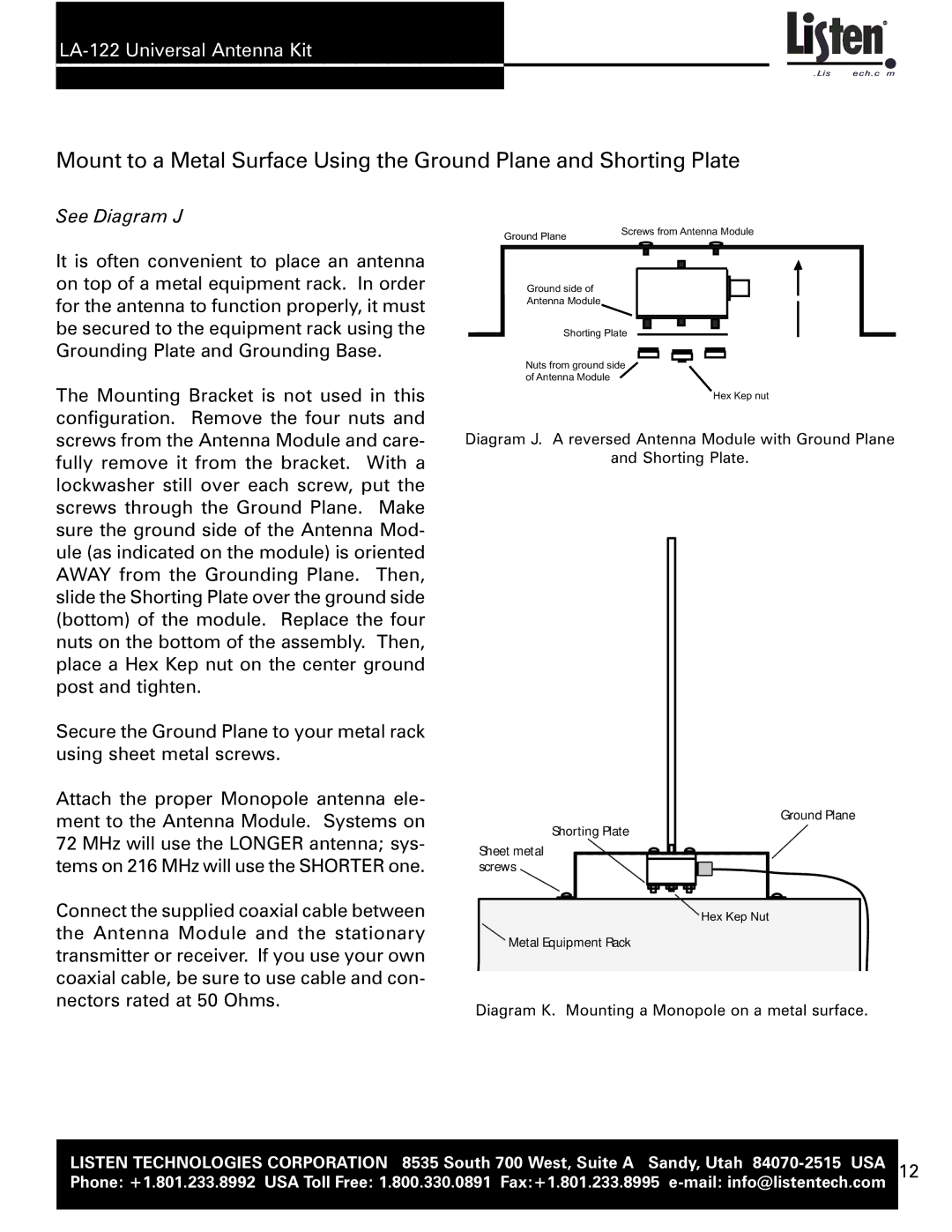 Listen Technologies LA-122 user manual See Diagram J 