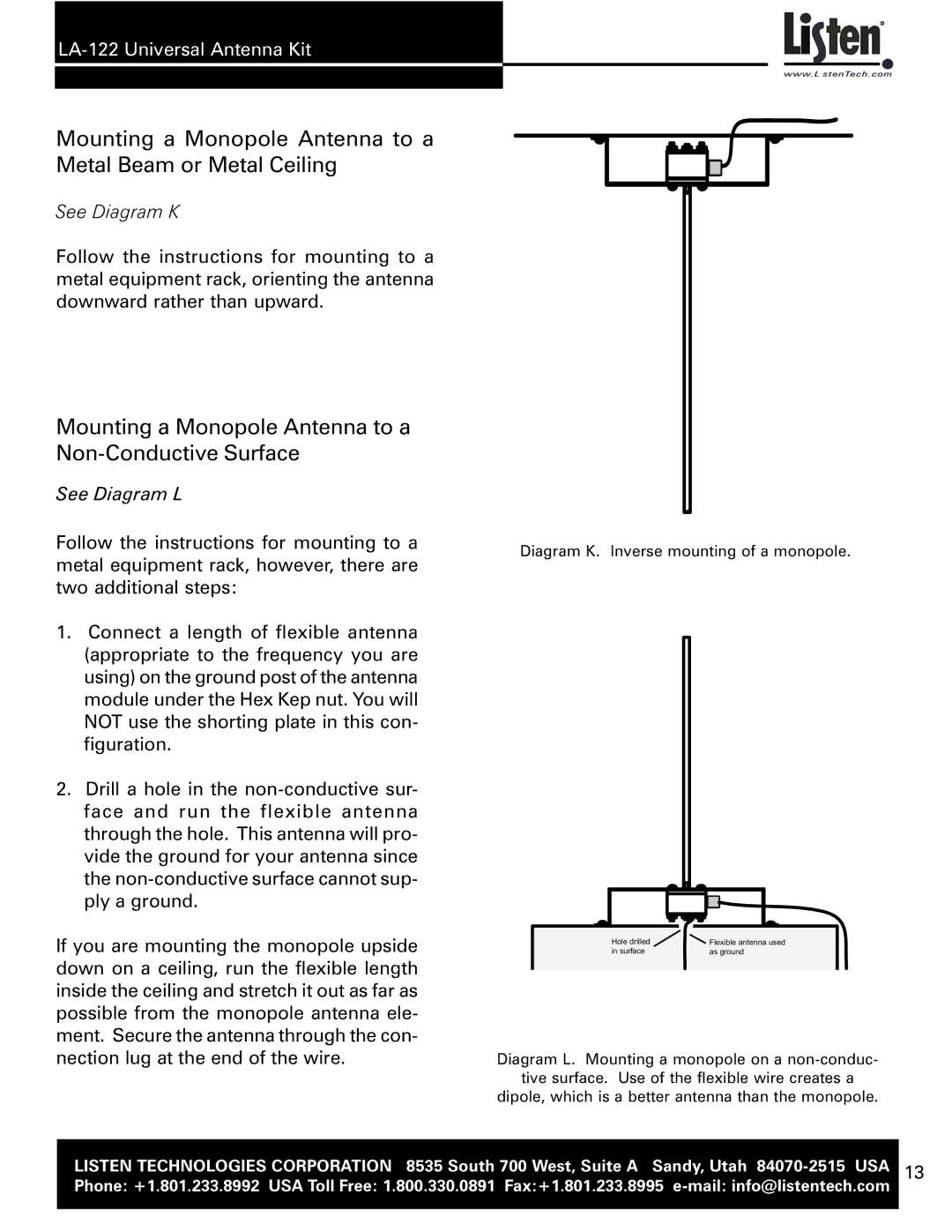 Listen Technologies LA-122 user manual Mounting a Monopole Antenna to a Metal Beam or Metal Ceiling 