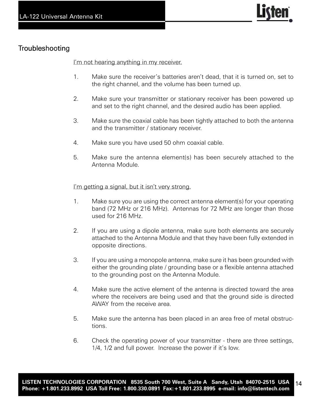 Listen Technologies LA-122 user manual Troubleshooting 