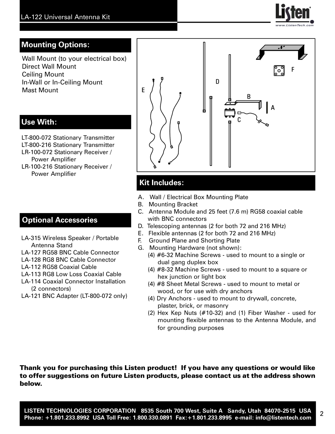 Listen Technologies LA-122 user manual Mounting Options 