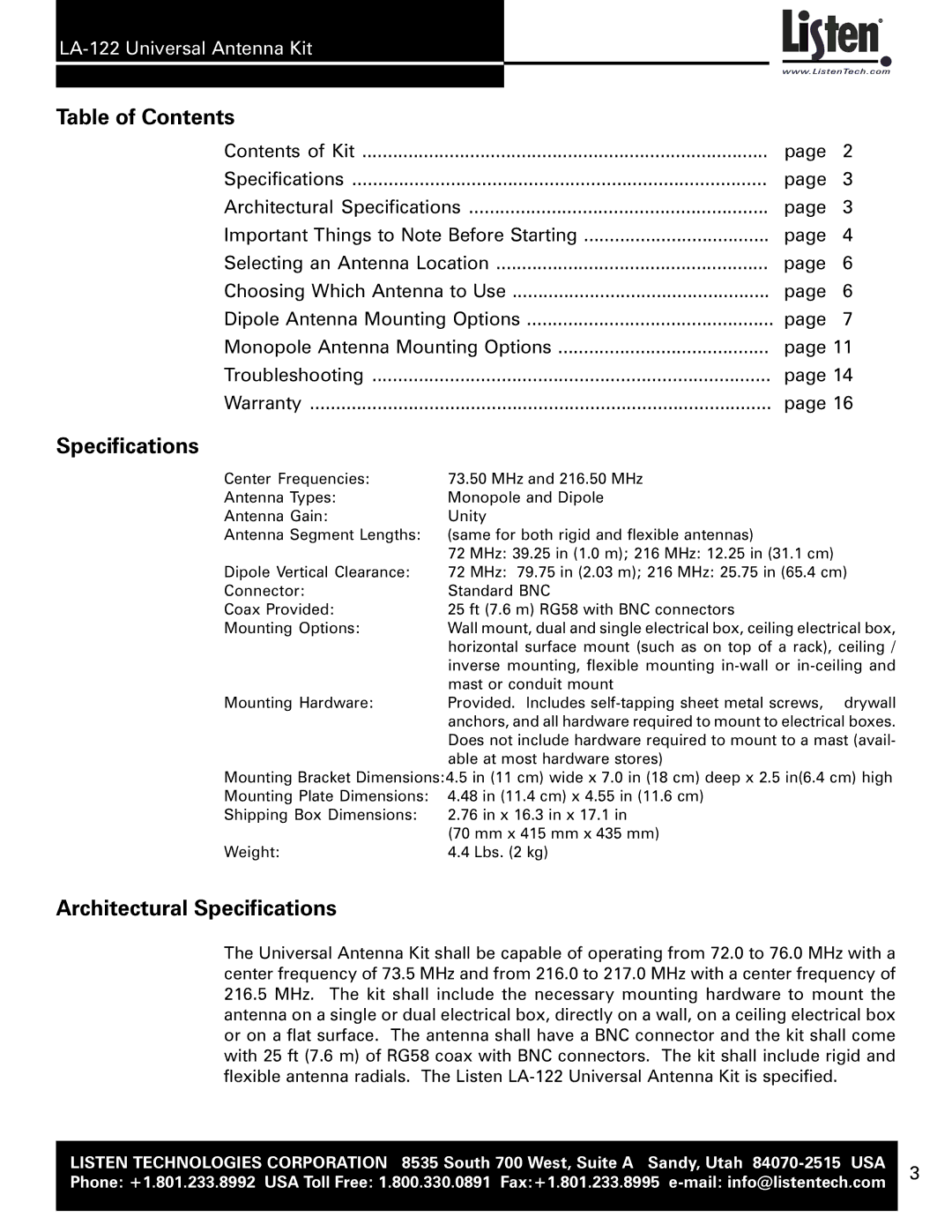 Listen Technologies LA-122 user manual Table of Contents, Architectural Specifications 