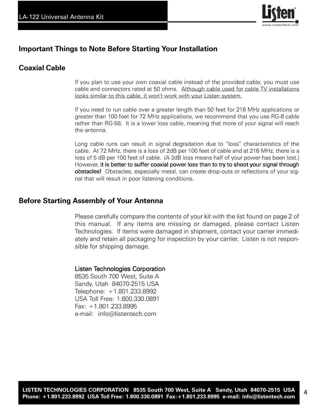 Listen Technologies LA-122 user manual Before Starting Assembly of Your Antenna, Mail info@listentech.com 