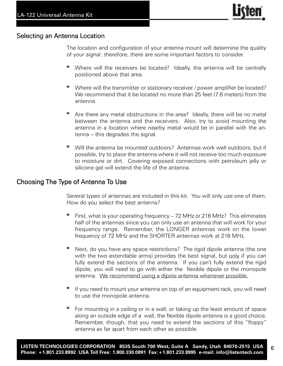 Listen Technologies LA-122 user manual Selecting an Antenna Location 