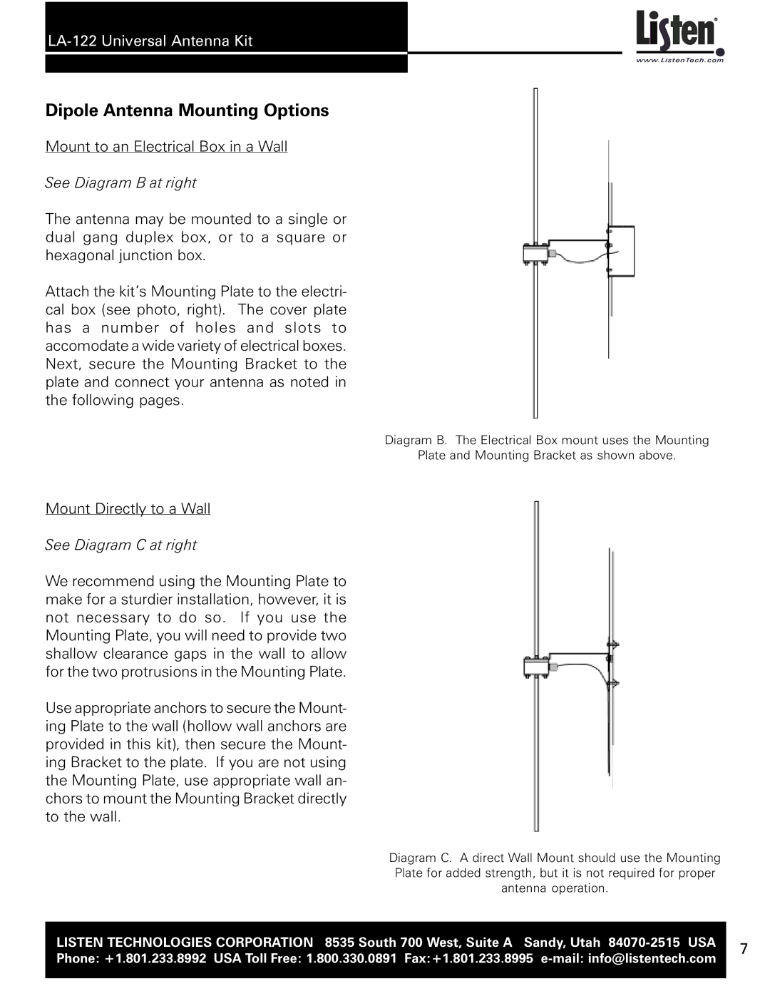 Listen Technologies LA-122 user manual Dipole Antenna Mounting Options 