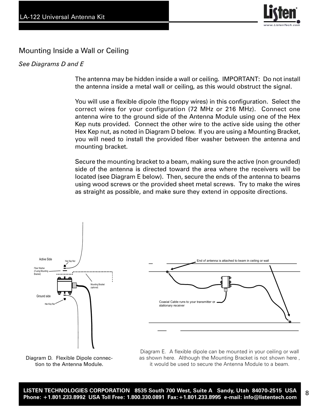 Listen Technologies LA-122 user manual Mounting Inside a Wall or Ceiling, Active Side 