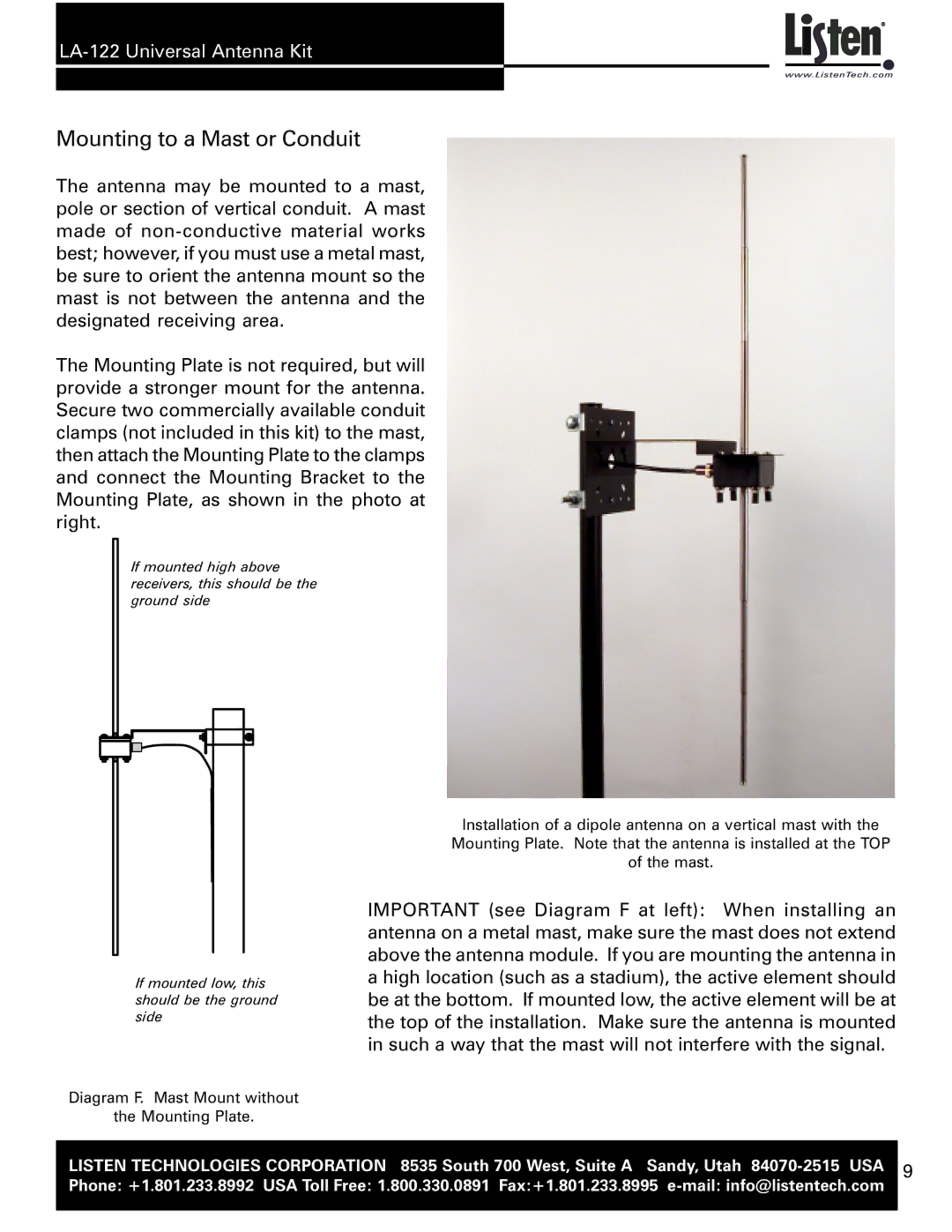 Listen Technologies LA-122 user manual Mounting to a Mast or Conduit 