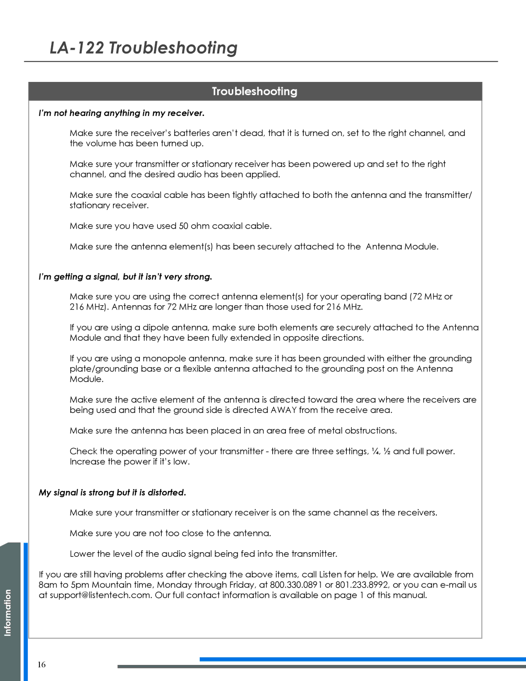 Listen Technologies manual LA-122 Troubleshooting 