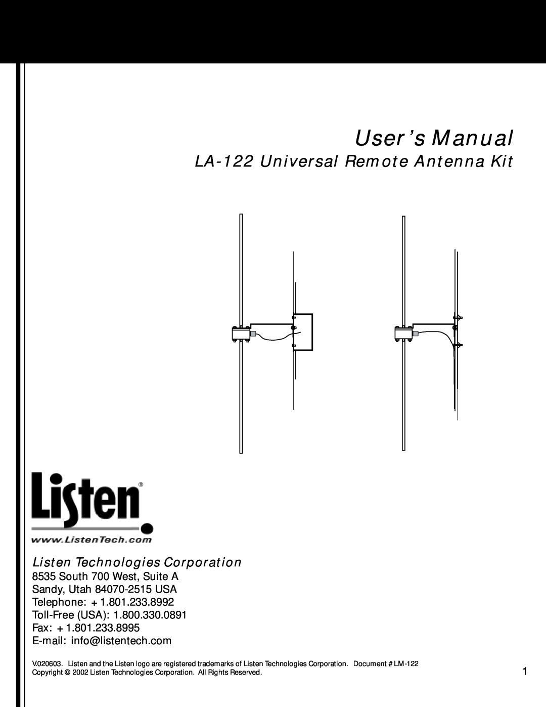Listen Technologies user manual LA-122Universal Remote Antenna Kit, Listen Technologies Corporation 